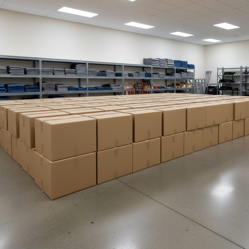 A meticulously organized array of medium-sized moving boxes constructed from sturdy, neutral-toned cardboard, stacked with precise alignment on a polished concrete warehouse floor. A wall in the background is painted in a soft, off-white shade, matched with neat industrial shelving containing folded blankets and moving equipment. Diffused overhead lighting creates crisp but subtle highlights with minimal shadows, emphasizing clarity and order. Captured from a low, slightly angled perspective, the composition uses leading lines for depth and a structured, clean aesthetic. The overall mood is efficient and orderly, supporting the image of a reliable and organized trucking and removals company.