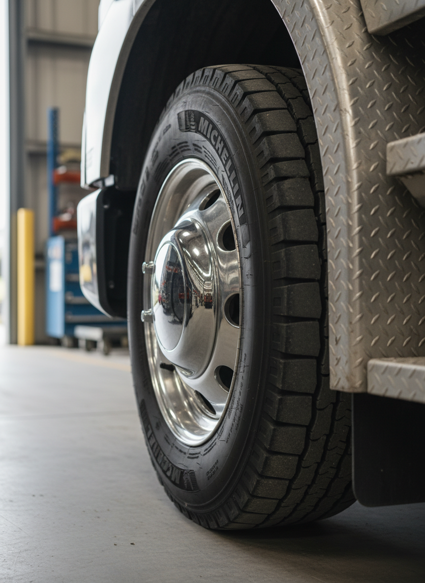 A high-resolution, close-up image of a polished truck wheel with a gleaming chrome hubcap and rugged tire tread, captured against the textured steel side panel of the truck. The focus is sharp on the hardware details, with soft natural daylight filtering through a warehouse doorway, producing subtle highlights on the metallic surface and gentle shadows along the rubber. The background remains softly blurred, letting the crisp, machined lines and clean, neutral tones dominate the frame. Photographed head-on with a shallow depth of field, the mood is precise and technical, expressing a sense of safety, reliability, and machine integrity within a business aesthetic.